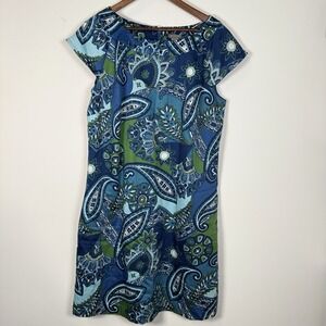 Women's Ann Taylor Dress Cap Sleeve Paisley Blue Green Size 14 Lined Career